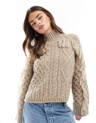 ASOS DESIGN - Pullover in Mokka mit Patchwork-Zopfmuster und Schlaufenmaschen-Neutral