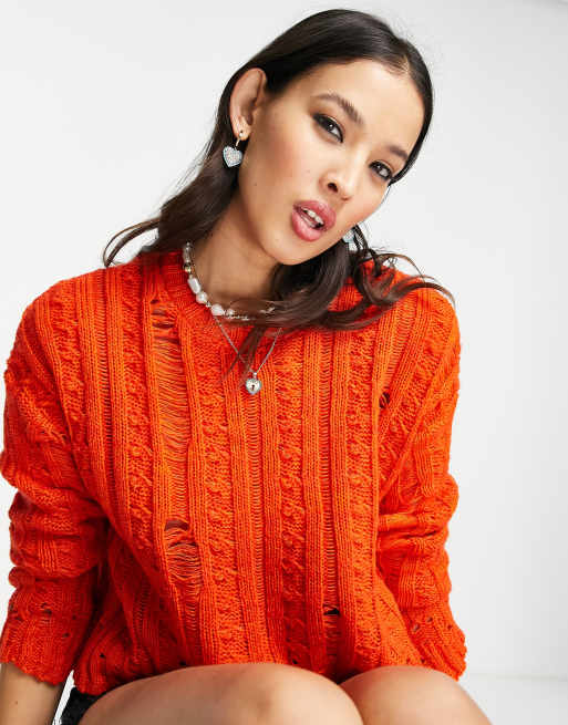 ASOS DESIGN – Pullover in Orange mit Zopfstrickmuster und Leiternaht