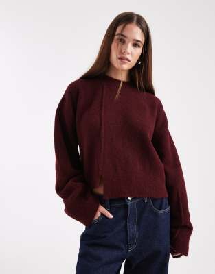 ASOS DESIGN - Pullover in Pflaume mit Rundhalsausschnitt, Nahtdetail vorne und gestepptem Saum-Lila