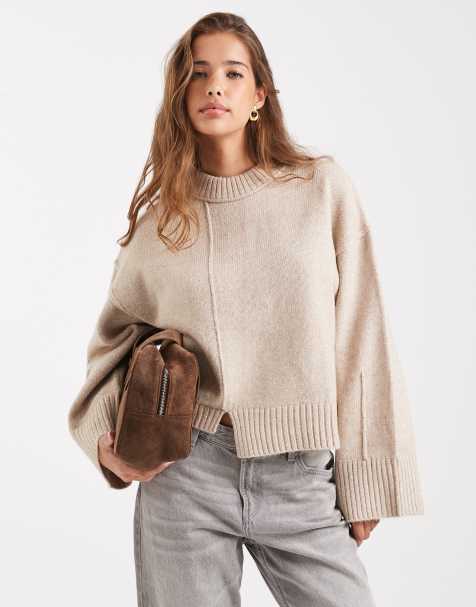 ASOS DESIGN – Pullover in Roggen-Beige mit Rundhalsausschnitt, Nahtdetail vorne und gestepptem Saum - view 1
