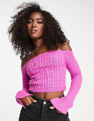 ASOS DESIGN - Pullover in Rosa mit Bardot-Ausschnitt und geklebten Strasssteinen