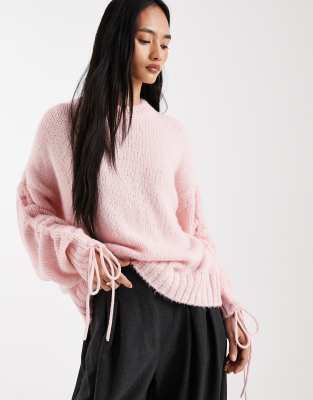 ASOS DESIGN - Pullover in Rosa mit gerafften Ärmeln