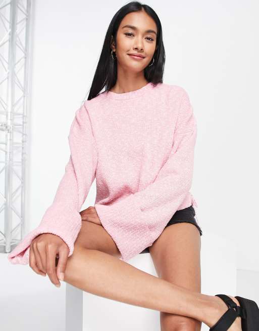 ASOS DESIGN – Pullover in Rosa mit Rundhalsausschnitt und umgeschlagenen Bündchen