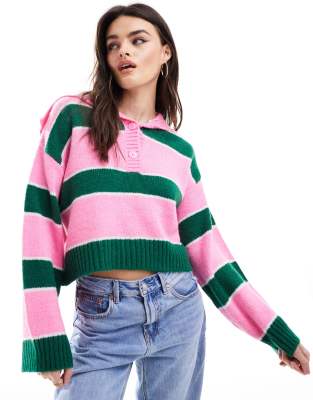 ASOS DESIGN - Pullover in Rosa und Grün gestreift mit kurzer Knopfleiste und Kragen-Bunt