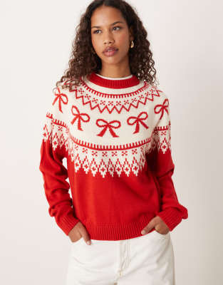 ASOS DESIGN - Pullover in Rot mit Passe und Norwegermuster mit Schleifen