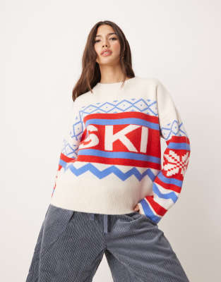 ASOS DESIGN - Pullover in Rot und Blau mit gestreiftem „Ski"-Schriftzug-Bunt