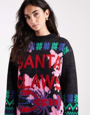 ASOS DESIGN - Pullover in Schwarz mit „Santa Claws"-Schriftzug