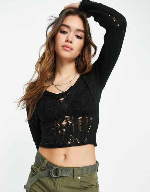 ASOS DESIGN – Pullover in Schwarz mit Schnürung und grobmaschigem Muster, 2 von 4