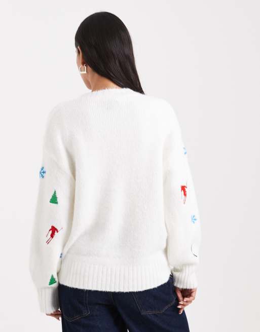 ASOS DESIGN – Pullover in Weiß mit aufgestickten Skimotiven, 3 von 4