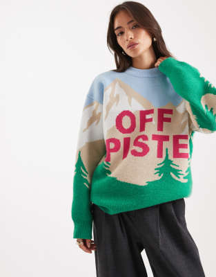 ASOS DESIGN - Pullover in Weiß mit Ski-Landschaftsprint und „Off Piste"-Schriftzug-Grün