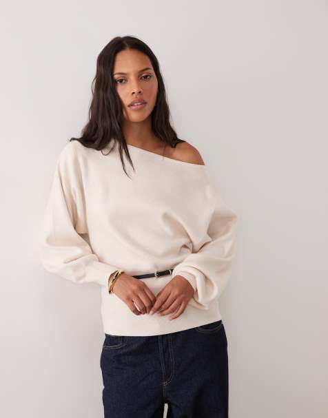 ASOS DESIGN Pullover mit Gürtel und U-Boot-Ausschnitt in Cremeweiß - view 1