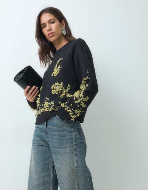 ASOS DESIGN Pullover mit Perlenverzierung in Schwarz, 5 von 5