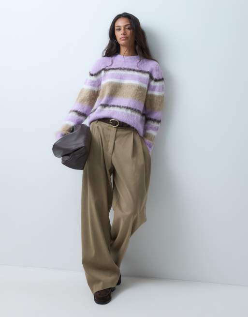 ASOS DESIGN – Kastiger Pullover mit Rundhalsausschnitt und Schal mit gebürsteten Streifen in Flieder, 2 von 3