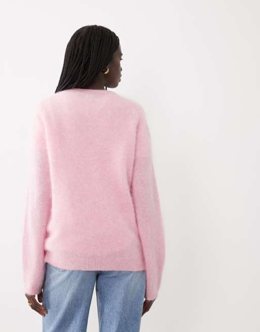 ASOS DESIGN Pullover mit Rundhalsausschnitt, Relaxed Fit, aus 100 % Wolle, gebürstet, in Pink, 4 von 4