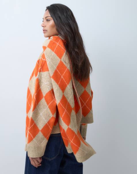ASOS DESIGN – Pullover mit Rundhalsausschnitt und Schal in Camel und Orange mit Argyle-Muster - view 1