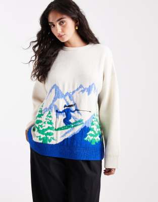 ASOS DESIGN - Pullover mit Ski-Landschaftsmotiv-Weiß