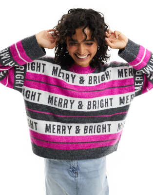 ASOS DESIGN - Pullover mit Slogan-Streifen und weihnachtlicher Optik-Rosa