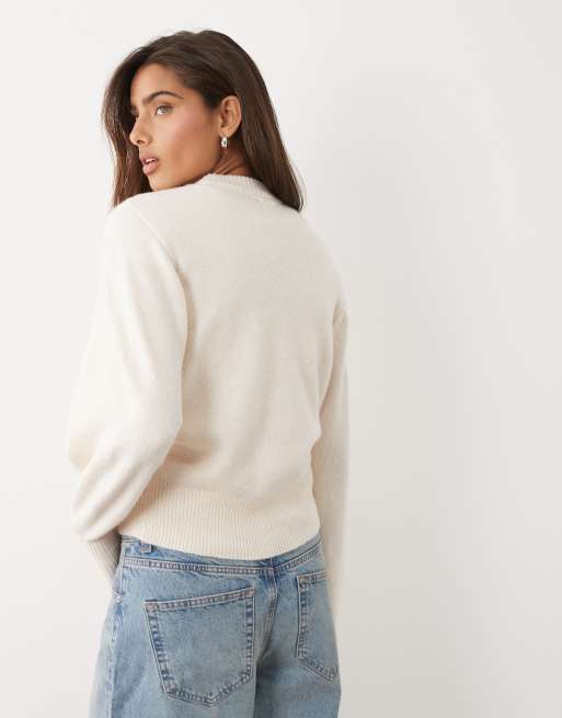ASOS DESIGN Pullover mit Taillenbund und Rundhalsausschnitt aus Wolle in Cremeweiß, 4 von 4