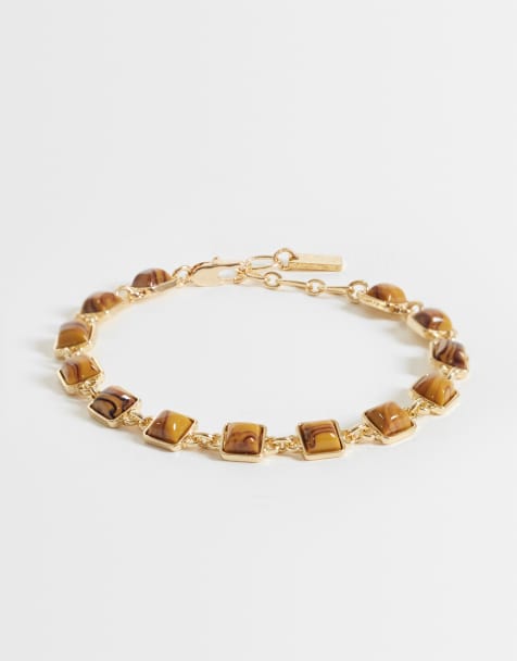 ASOS DESIGN pulsera con piedras efecto ojo de tigre en dorado - view 1
