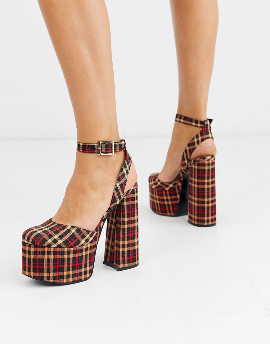 ASOS DESIGN Punch chunky platform high block heels in black/peach/red check-Multi