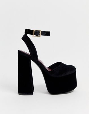 black velvet block heels