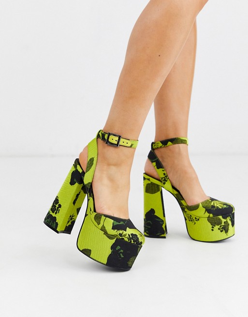 ASOS DESIGN Punch chunky platform high block heels in lime jacquard