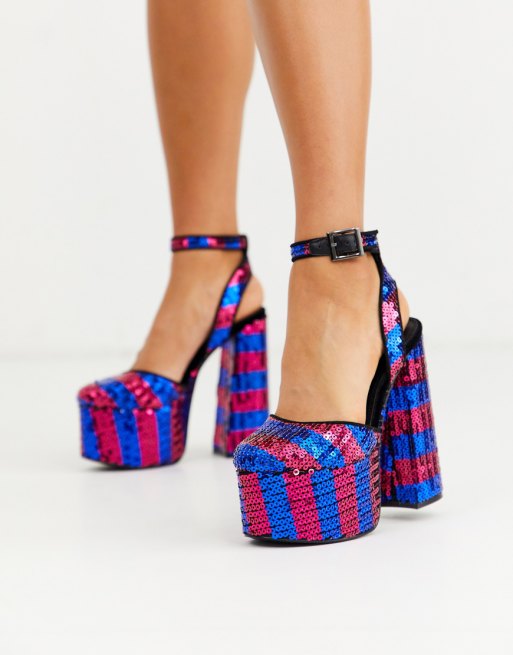 ASOS DESIGN Punch chunky platform high block heels in striped sequin | ASOS