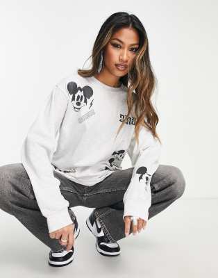 ASOS DESIGN - Punk Mickey - Langärmliges Oberteil in Eisgrau meliert mit glitzernden Micky-Maus-Prints und lizenziertem ...