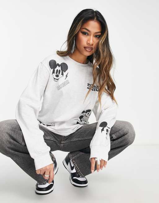 ASOS DESIGN Punk Mickey license graphic long sleeve top with glitter  mickeys in ice marl