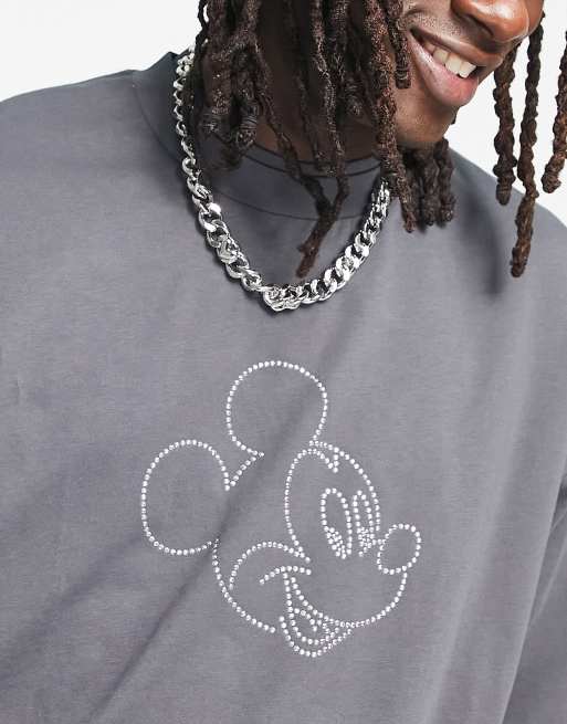 ASOS DESIGN - Punk Mickey - Oversized T-shirt i koksgrå i tre lag med Disney-print, 3 af 4