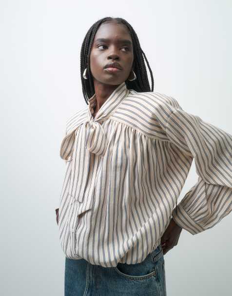 ASOS DESIGN pussybow blouse in cream pinstripe - view 1