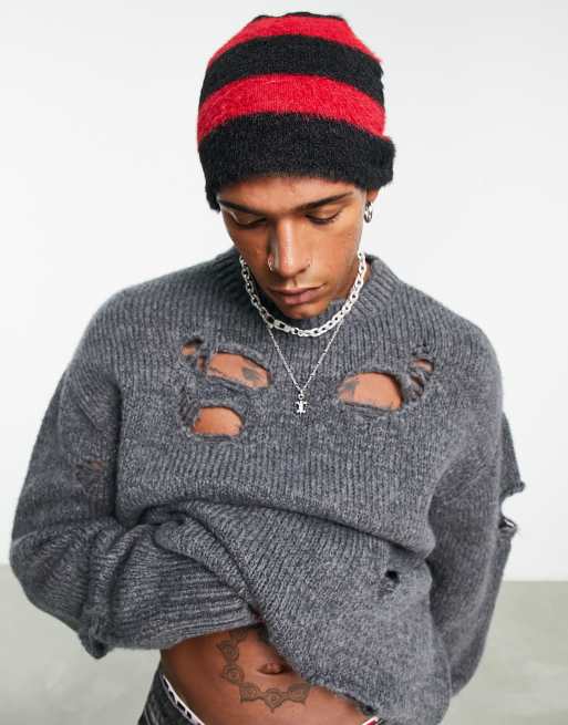 ASOS DESIGN – Puszysta czapka beanie w czerwone i czarne paski