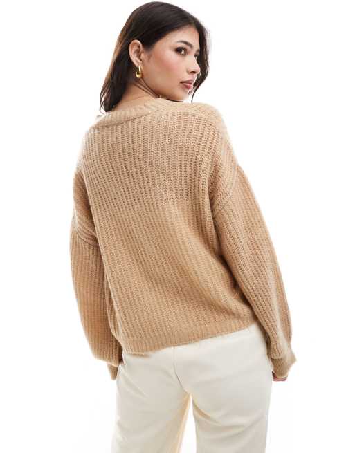 ASOS DESIGN – Puszysty dzianinowy kardigan oversize w brązowym odcieniu ecru, 3 z 4