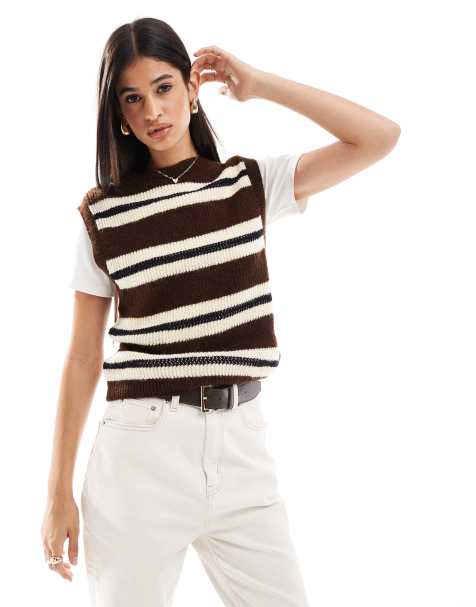 ASOS DESIGN – Puszysty dzianinowy top bez rękawów w brązowym kolorze w paski - view 1