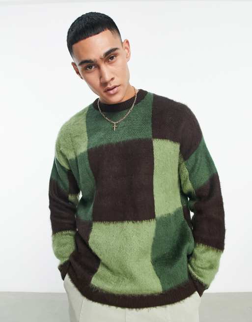 ASOS DESIGN – Puszysty sweter dzianinowy w zielono-brązową szachownicę