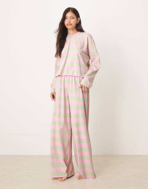 ASOS DESIGN - Pyjama à rayures avec top à manches longues et pantalon large - Rose et menthe - view 1