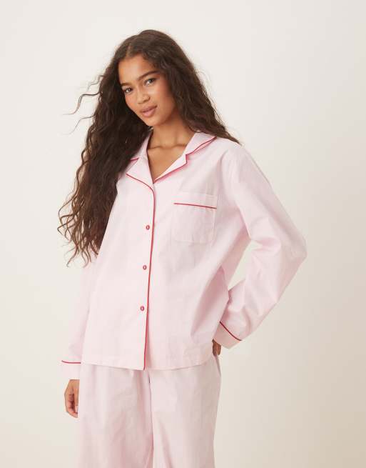 ASOS DESIGN - Pyjama avec chemise tissée et pantalon ample à liserés contrastants - Rose et rouge, 2 de 4