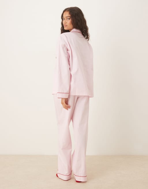 ASOS DESIGN - Pyjama avec chemise tissée et pantalon ample à liserés contrastants - Rose et rouge, 4 de 4