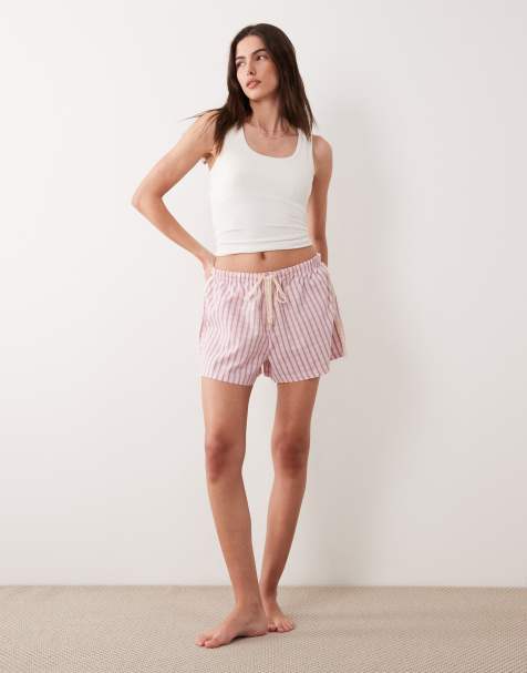 ASOS DESIGN pyjama boxer short with lace trim waistband in pink check