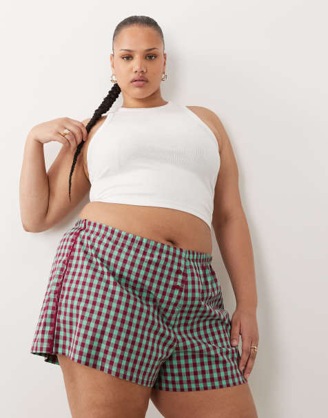 ASOS DESIGN - Pyjama-boxershort met textuur, gingham ruit en kanten rand in mintgroen en bordeauxrood - view 1