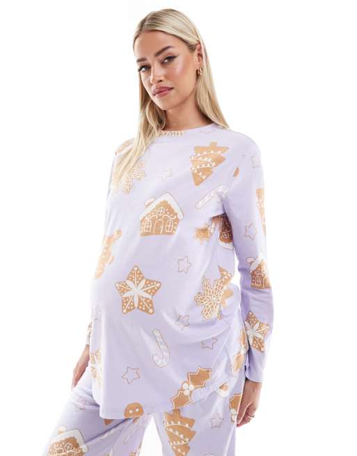 ASOS DESIGN Pyjama de grossesse a imprime maison en pain d epice avec pantalon et top manches longues Violet ASOS