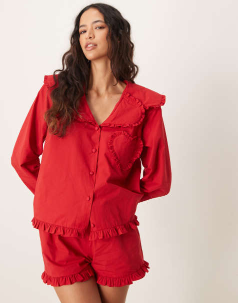 ASOS DESIGN – Pyjama-Hemd aus Baumwolle in Rot mit Herz-Tasche, Kombiteil - view 1