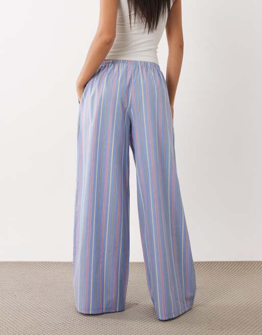 ASOS DESIGN – Pyjama-Hose aus Webstoff in Blau mit feinem buntem Streifenmuster, 4 von 4