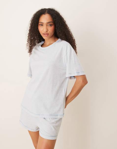 ASOS DESIGN – Pyjama in blau meliert, bestehend aus Oversize-T-Shirt und Shorts - view 1