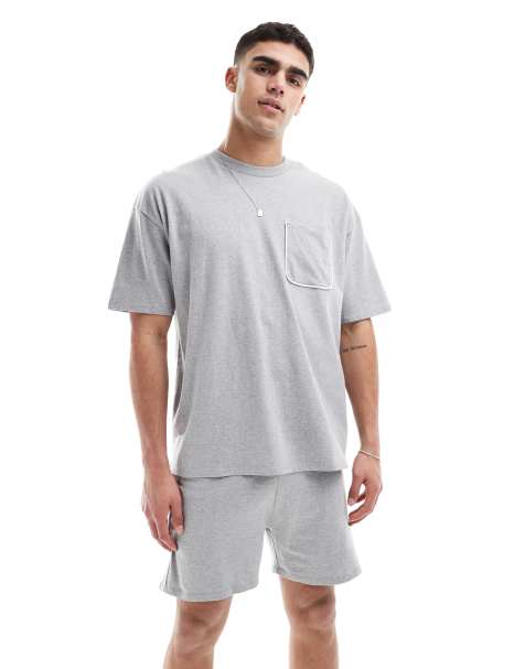 ASOS DESIGN – Pyjama in Grau meliert mit weißen Details mit Paspelierung - view 1