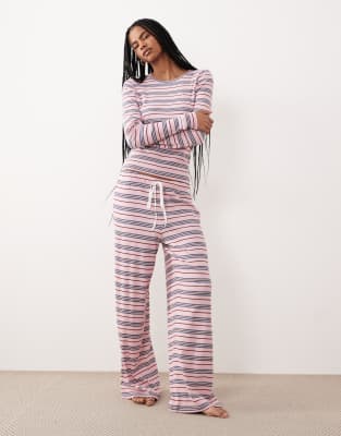 ASOS DESIGN - Pyjama in Lila und Flieder gestreift, mit langärmligem Oberteil und weiter Hose-Rosa