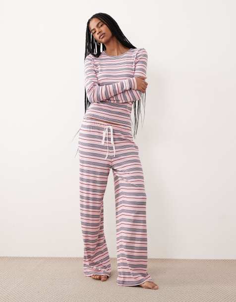 ASOS DESIGN – Pyjama in Lila und Flieder gestreift, mit langärmligem Oberteil und weiter Hose - view 1