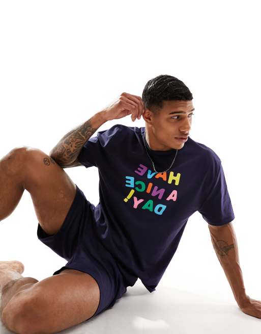 ASOS DESIGN – Pyjama in Marineblau mit „Have A Nice Day“-Schriftzug