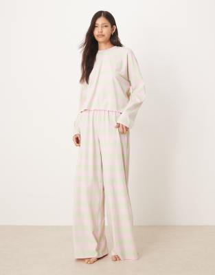 ASOS DESIGN - Pyjama in Rosa und Mintgrün gestreift, mit langärmligem Oberteil und weiter Hose