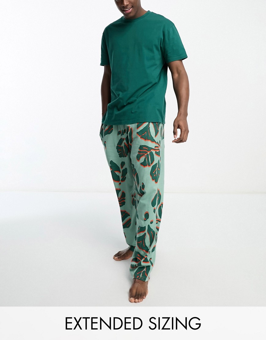 Asos Design Pyjama Lounge Set With T-Shirt And Trousers In Green With Leaf Print